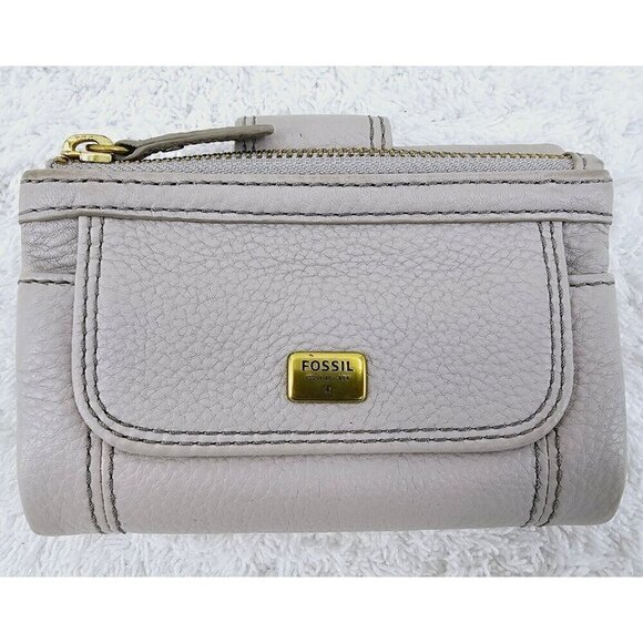 FOSSIL Greige Pebble Leather Medium Flap Bi-Fold Wallet Clutch Organizer - Picture 11 of 11
